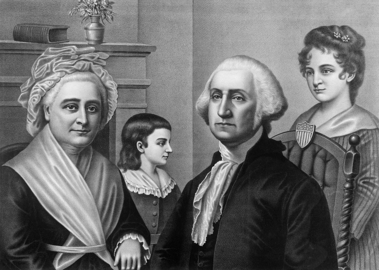 George Washington vaimonsa Martha Washingtonin ja lastensa kanssa Mount Vernonissa. Kaiverrus noin 1880. tekijältä American School