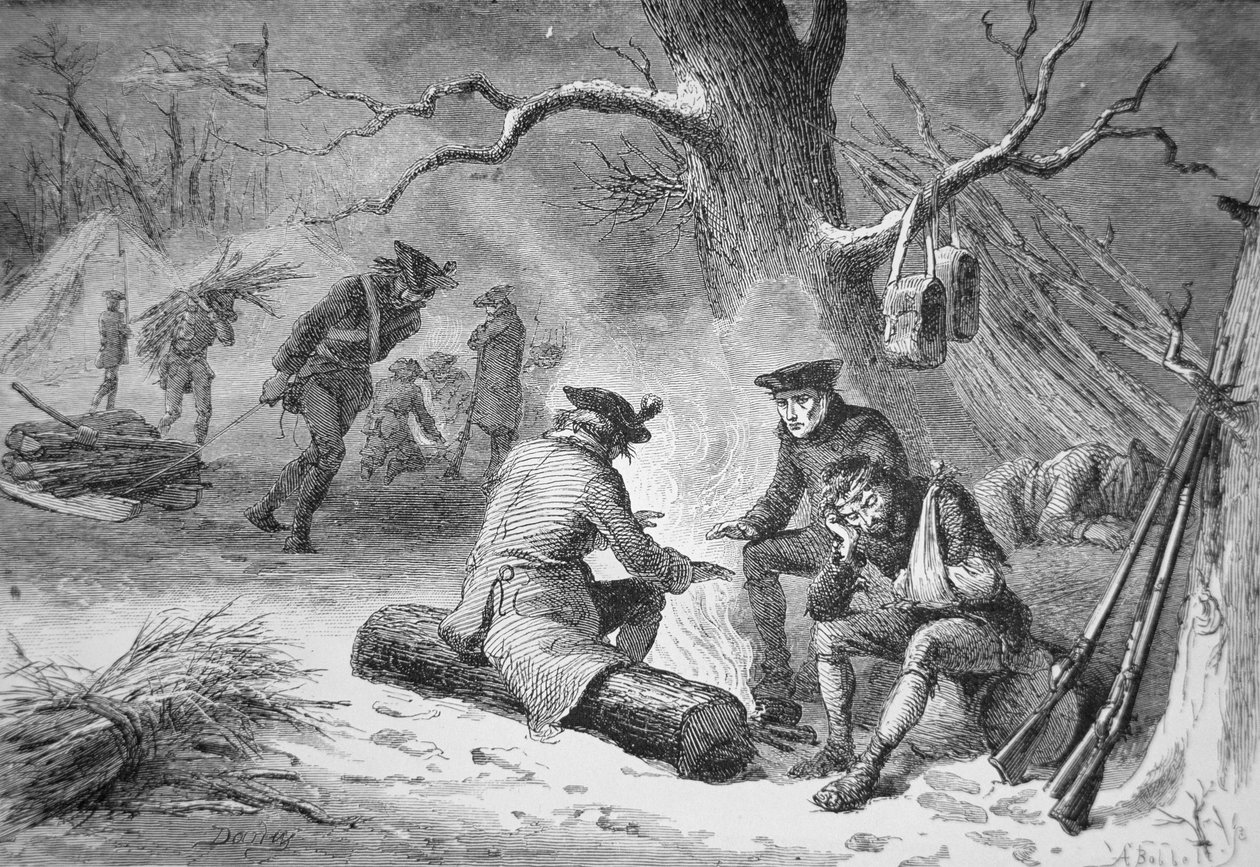 George Washingtonin sotilaat Valley Forgessa, talvi 1777-78 (litho) tekijältä American School