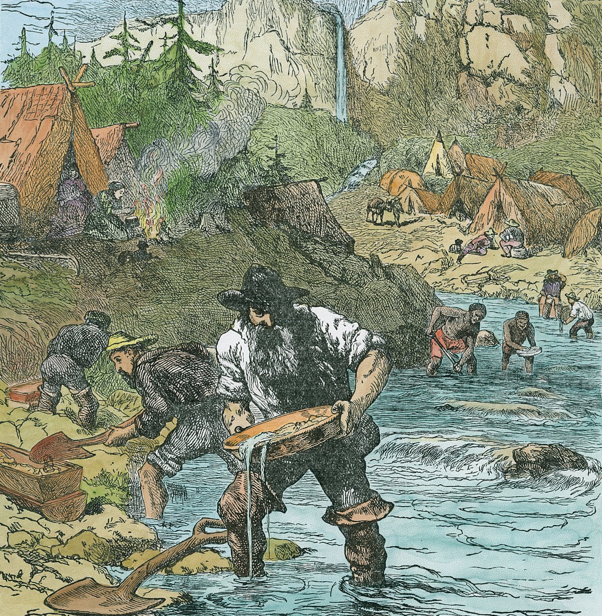 Gold Washing Kaliforniassa, kirjapubista. 1896 (käsinvärinen kaiverrus) tekijältä American School