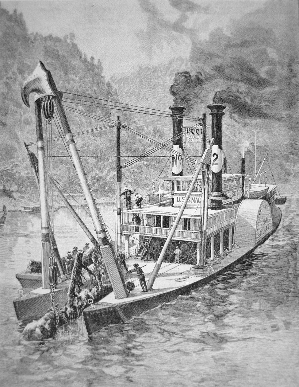 Hallituksen snagboat poistamassa tukkeja tai naarmuja Mississippistä, n. 1870 (kaiverrus) tekijältä American School