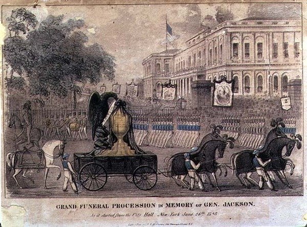 Grand Funeral Procession in Memory of General Jackson, kaiverrettu ja julkaissut Henry R. Robinson (1833-51), New York. tekijältä American School