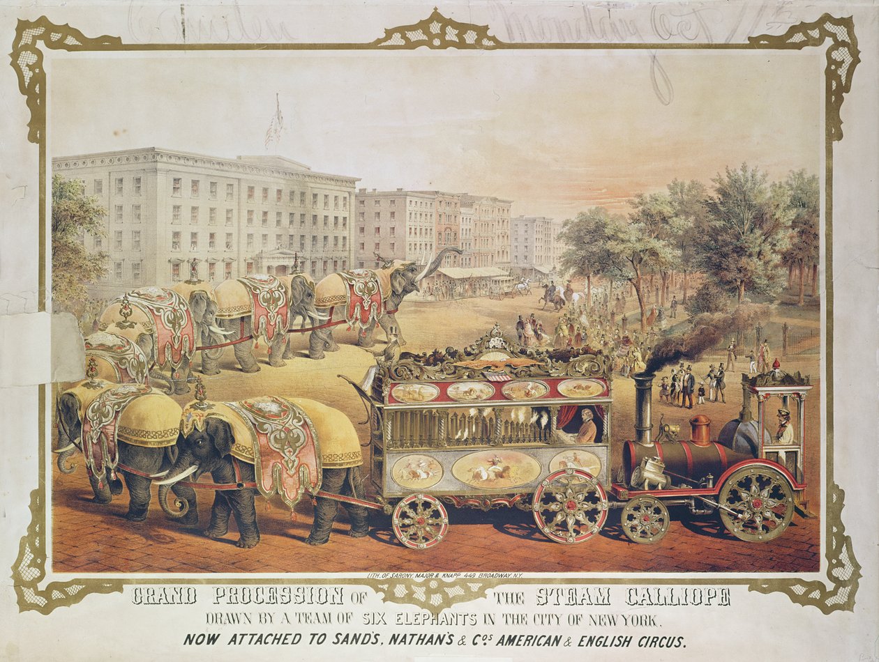 Höyrykalliopen suuri kulkue, jonka piirsi kuuden norsun ryhmä New Yorkin kaupungissa, 1857 tekijältä American School