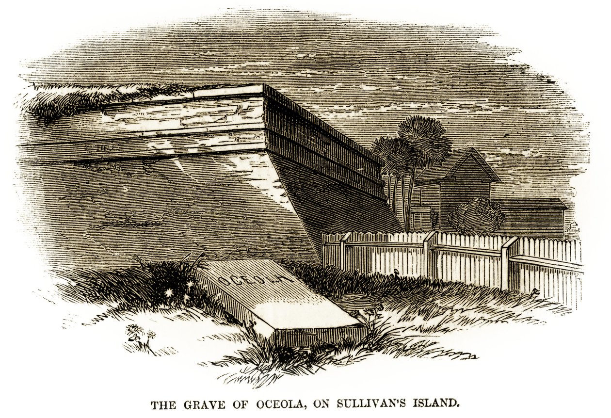 Seminole-päällikkö Osceolan hauta, sellaisena kuin se ilmestyi Fort Moultrien luoteislinnakkeen viereen vuonna 1860, juuri ennen Yhdysvaltain sisällissotaa tekijältä American School