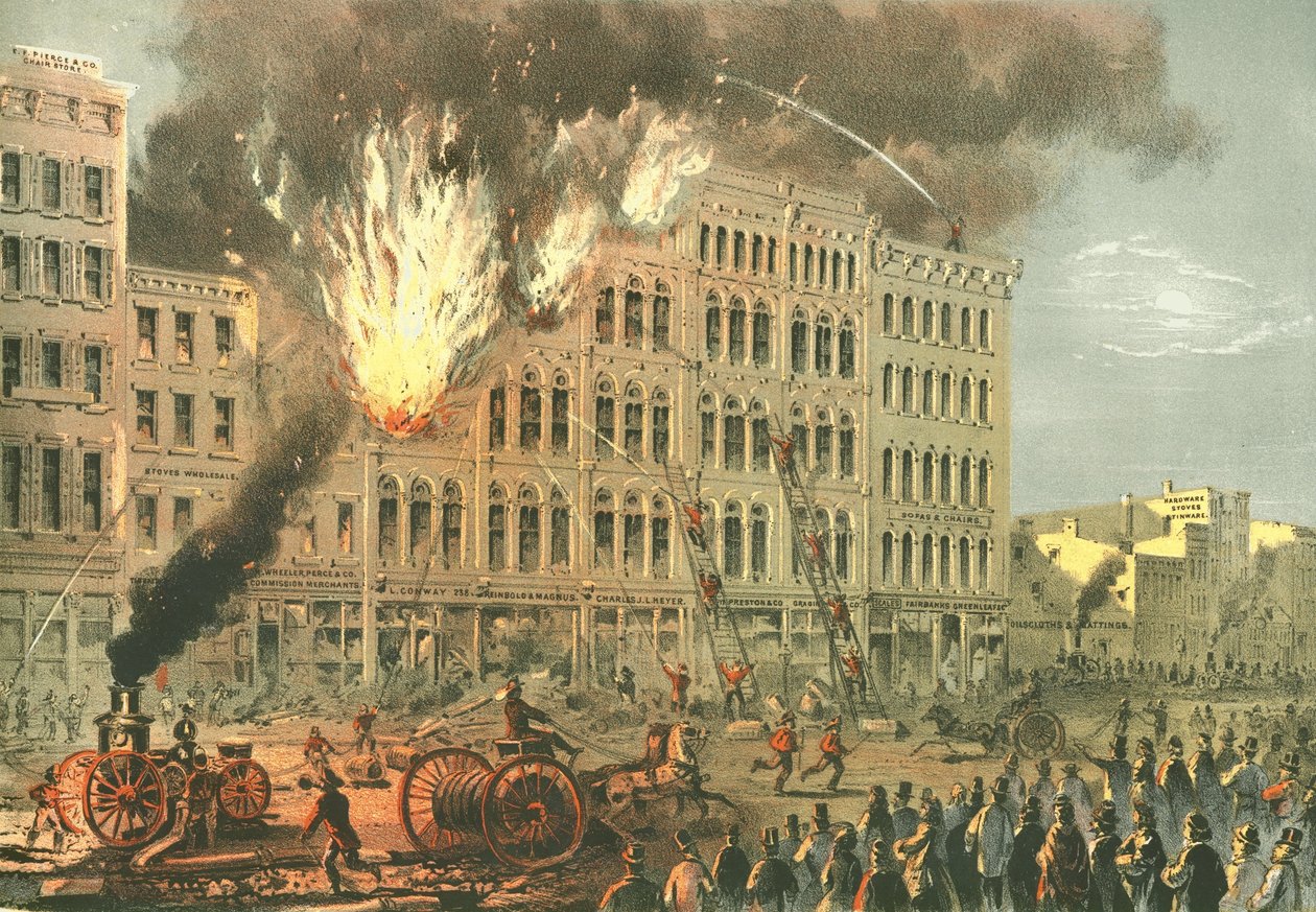 Great Fire on Lake Street, Chicago Illustrated, James W. Sheahanin kirjalliset kuvaukset, julkaisija Jevne & Almini, Chicago, 1866-67 tekijältä American School