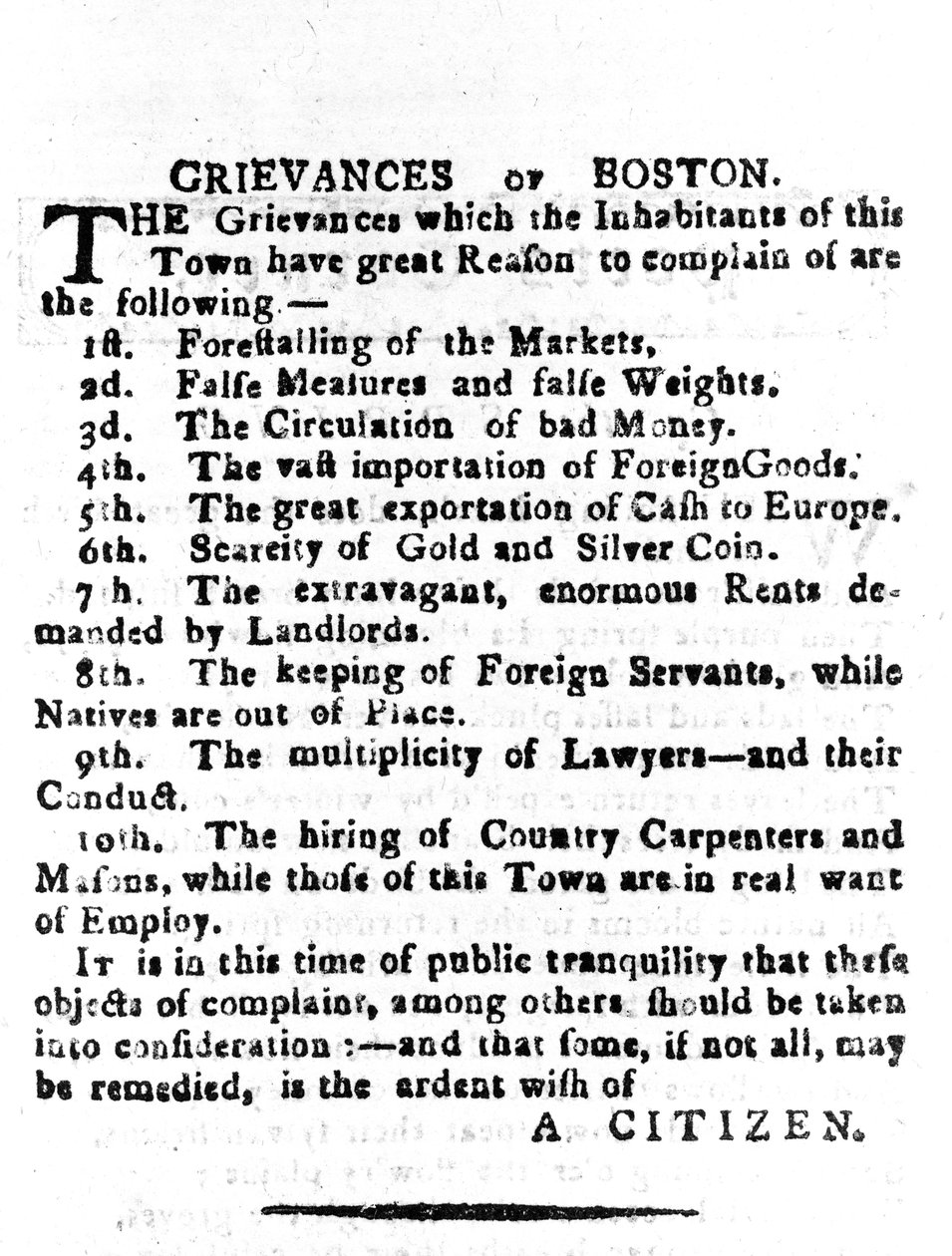 Bostonin valitukset, Boston Gazettessa 4. huhtikuuta 1786 julkaistu kirje (painettu) tekijältä American School