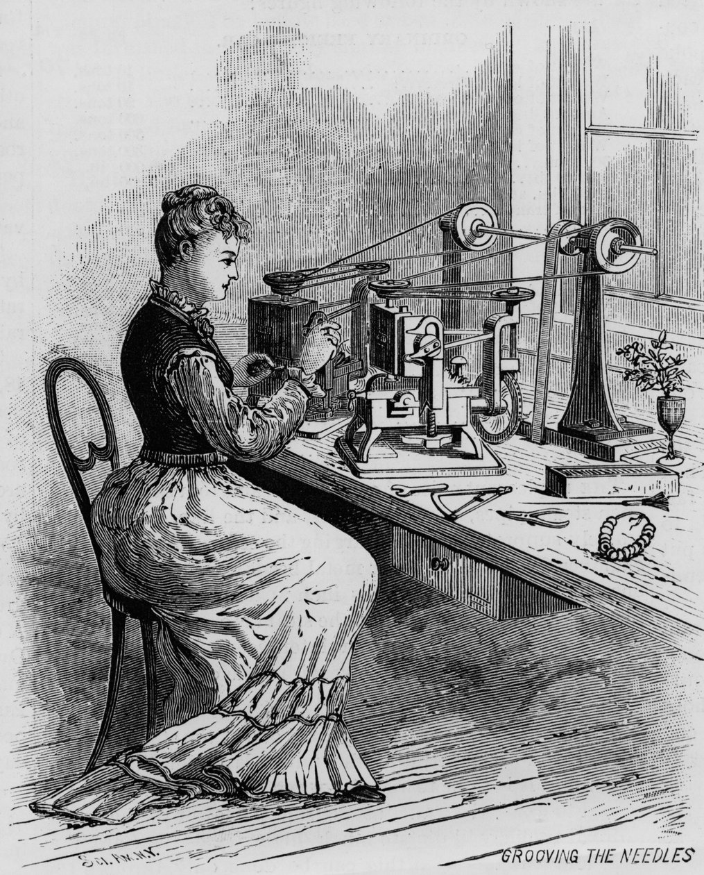 Grooving the Needles, kuva ompelukoneen valmistusta Scientific American -lehdestä, 1879 tekijältä American School