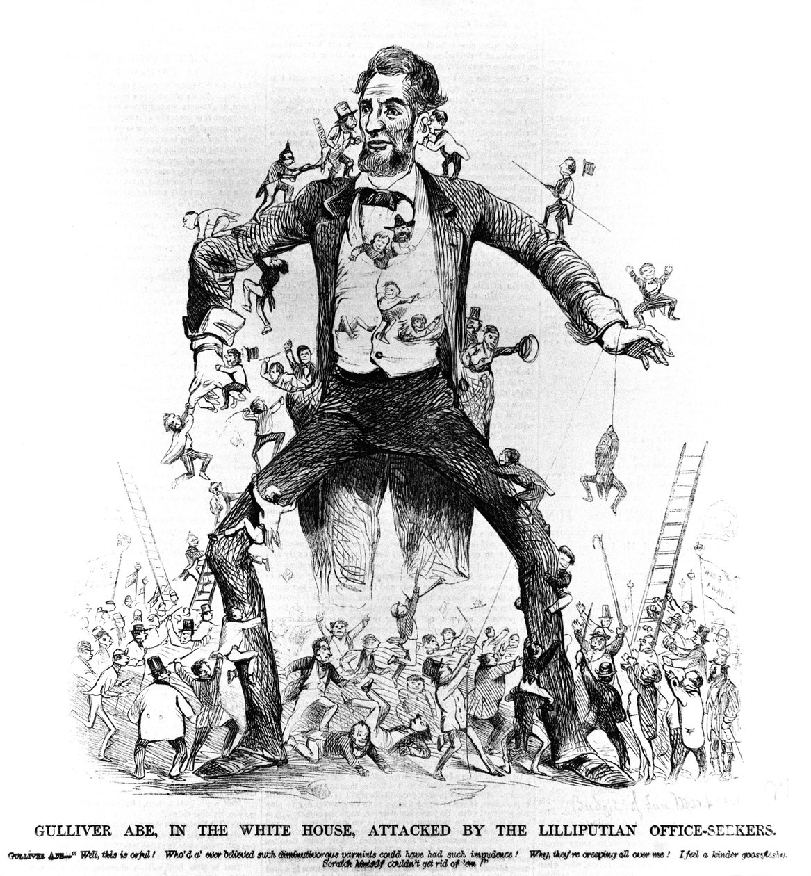 Gulliver Abe, Valkoisessa talossa, Lilliputian Office-Seekers -järjestön kimppuun, Frank Lesliesin Budget of Fun, 15. maaliskuuta 1861 tekijältä American School