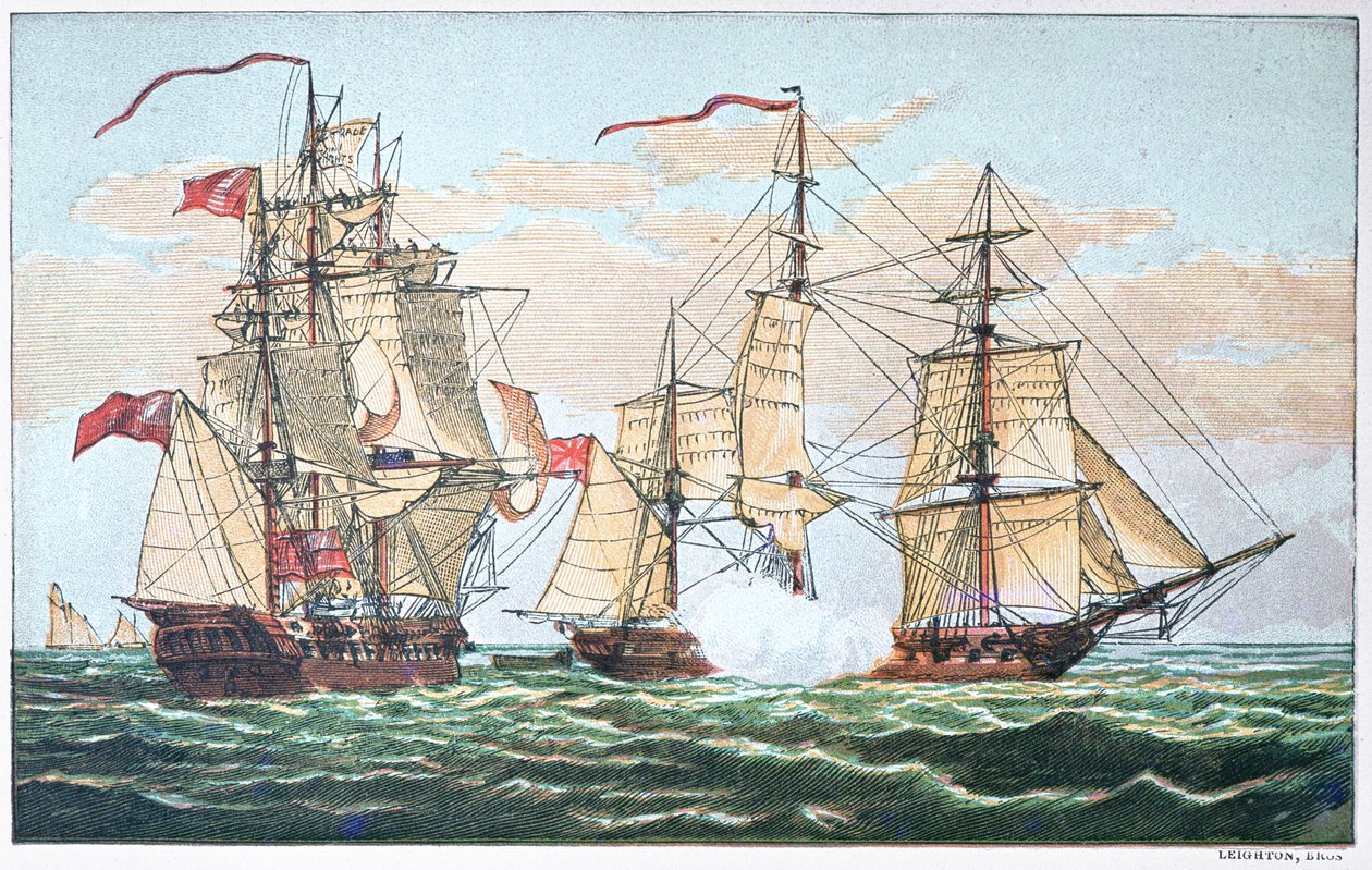 HMS Shannon vs amerikkalainen Chesapeake vuonna 1813 sodan 1812 aikana (väri litho) tekijältä American School