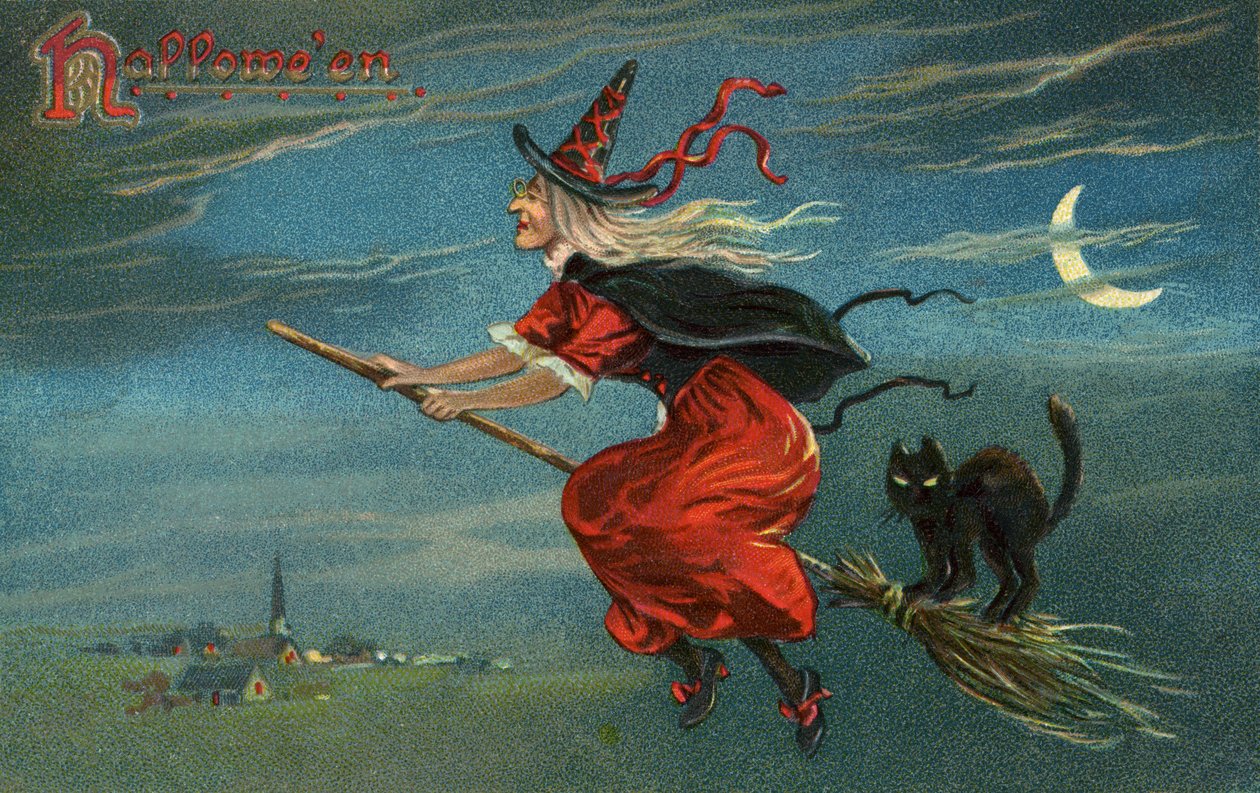 Halloween noita ja musta kissa ratsastus luuta yöllä tekijältä American School
