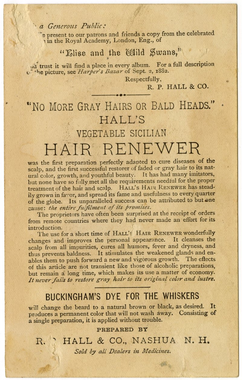 Halls Vegetable Sicilian Hair Renewer, palauttaa harmaille hiuksille niiden alkuperäisen värin ja ehkäisee kaljuuntumista. Verso, (litografia [kauppakortti]) tekijältä American School