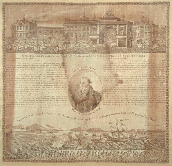 Nenäliina kenraali Lafayetten (1757-1834) saapumisen muistoksi vuonna 1824 (puuvillaa) tekijältä American School