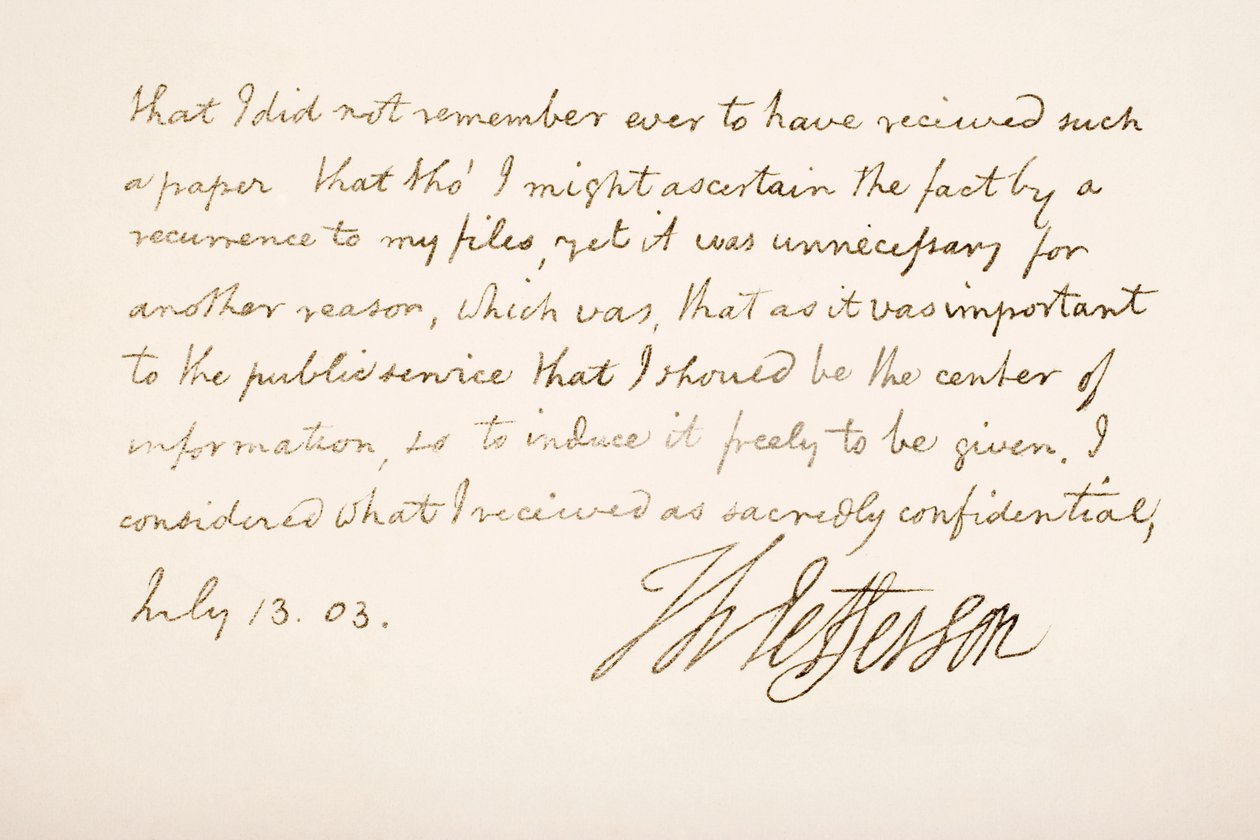 Thomas Jeffersonin käsiala ja allekirjoitus, 1803 tekijältä American School