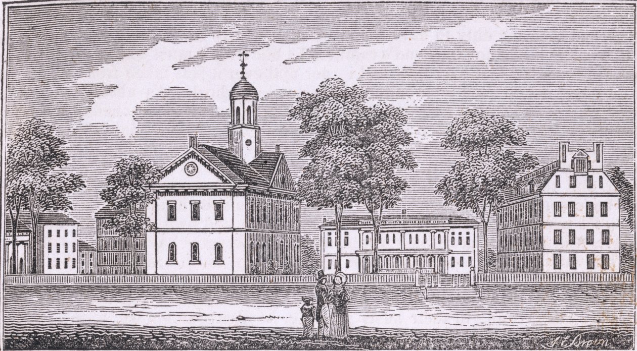Harvardin yliopisto, Cambridge, lähteestä "Historical Collections of Massachusetts", kirjoittanut John Warner Barber, 1839. tekijältä American School