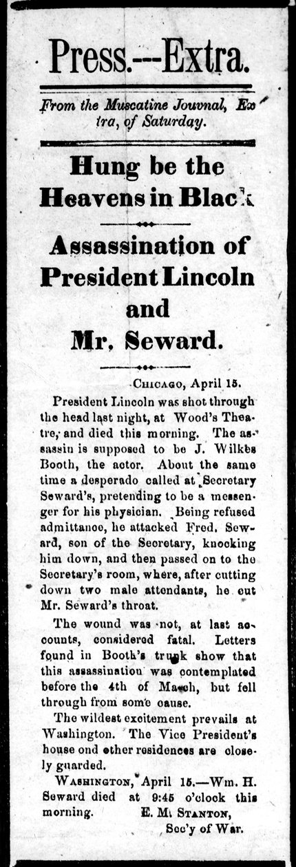Otsikko, jossa kerrotaan Abraham Lincolnin (1809-65) salamurhasta ja William Sewardin (1801-72) salamurhayrityksestä Press Extrasta, 15. huhtikuuta 1865 (painettu) tekijältä American School