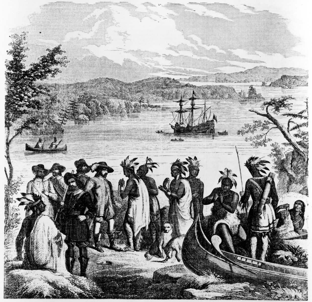 Henry Hudson laskeutumassa Hudson-jokea, kuvitus Balloun kuvallisesta piirustushuoneesta, 12. huhtikuuta 1856 tekijältä American School