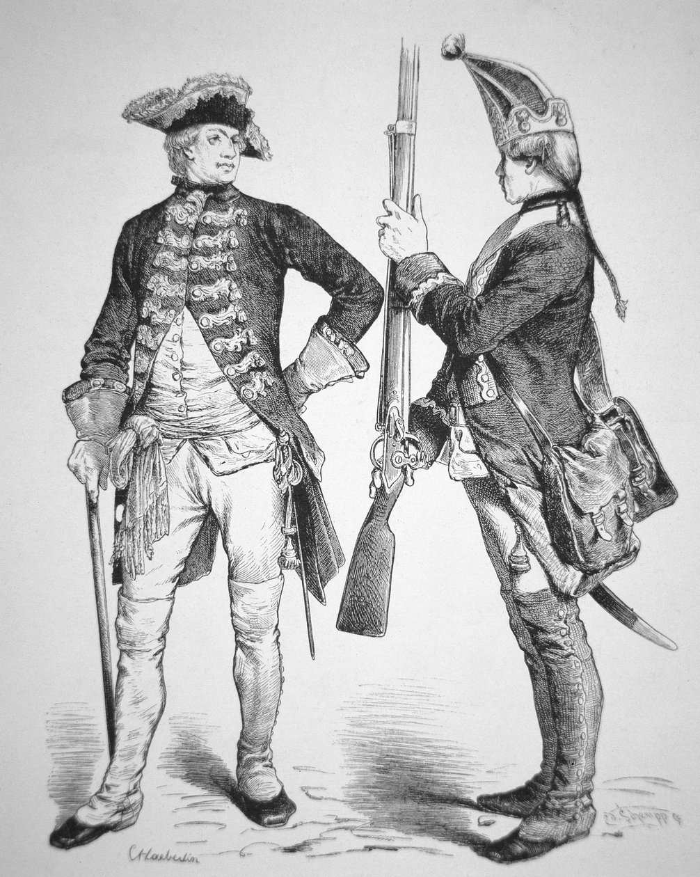 Hessenin sotilaat vuodelta 1770, univormuissaan Yhdysvaltain vapaussodasta (kaiverrus) tekijältä American School