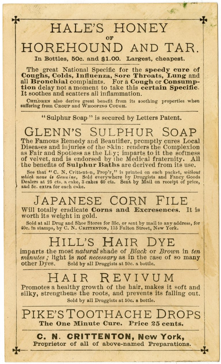 Hills Hair & Whisker Dye, paras koskaan keksitty, C.N. Crittenton, Omistaja, New York, Kauppakortti, verso (litho [kauppakortti]) tekijältä American School