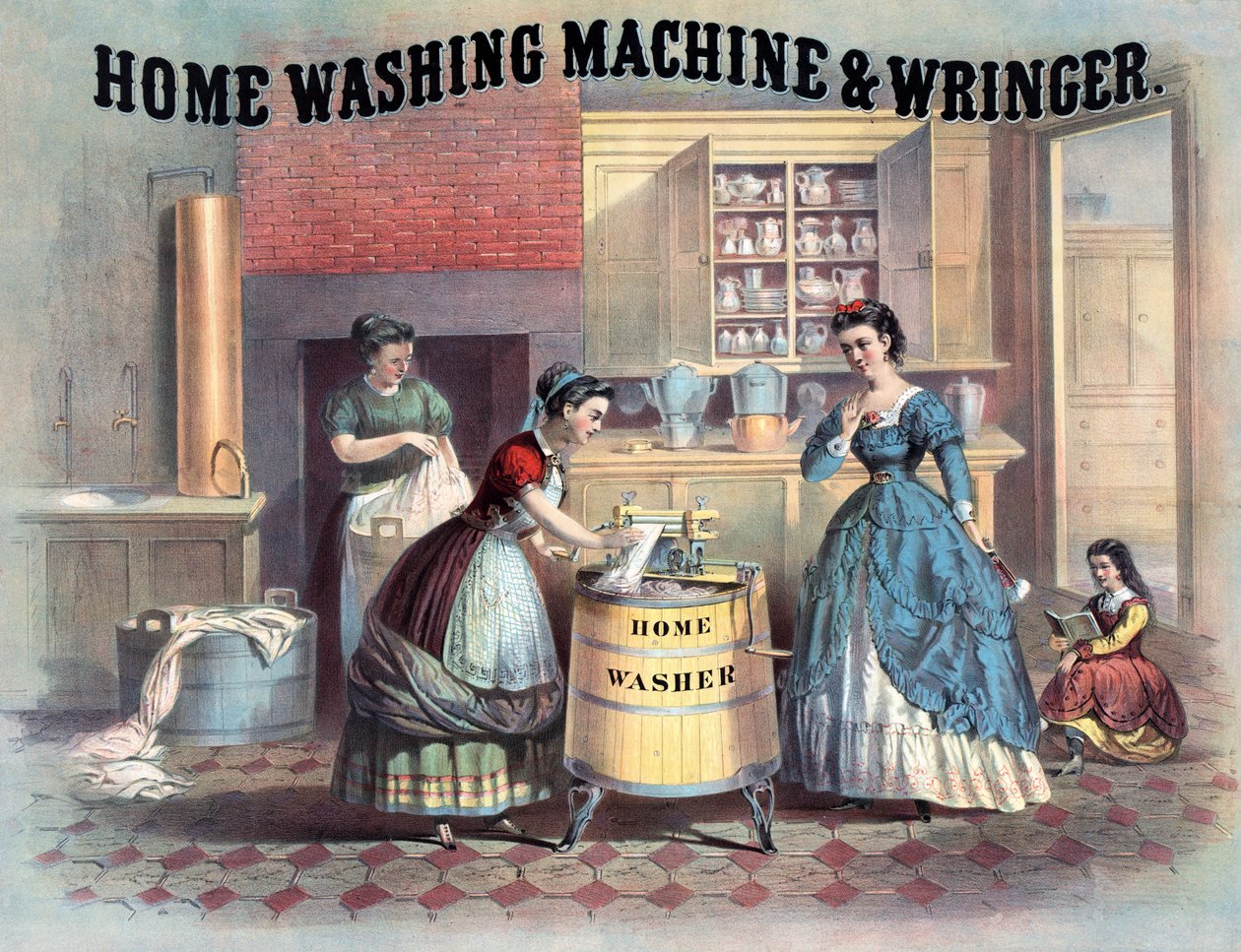 Kodin pesukone ja wringeri, n. 1869 tekijältä American School