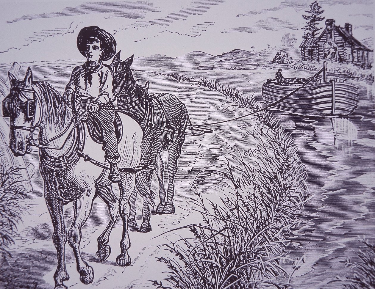 Hevoset vetämässä kanavavenettä hinaustiellä, Erie Canal (kaiverrus) tekijältä American School