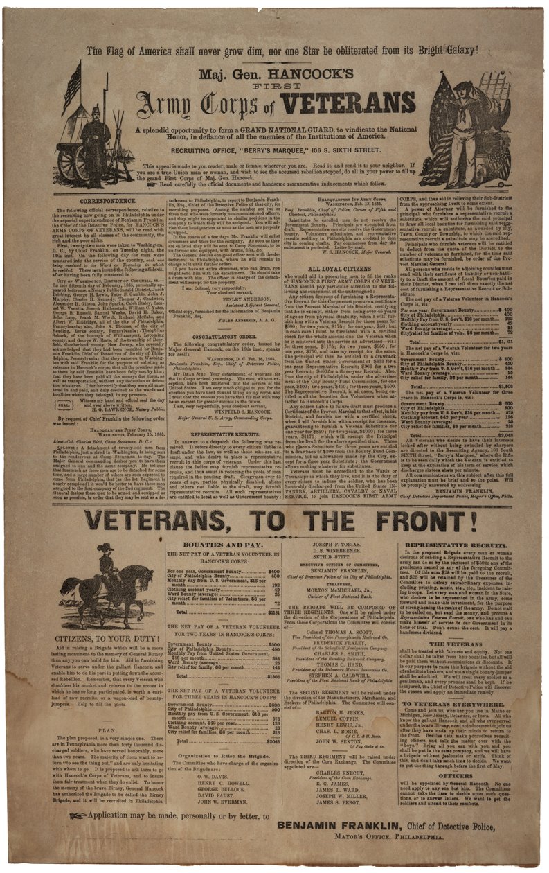Kuvitettu Philadelphia rekrytointijuliste kenraalimajuri Hancocksin ensimmäisen armeijan veteraanijoukolle, mukaan lukien Unionin mies ja nainen, helmikuu 1865 tekijältä American School