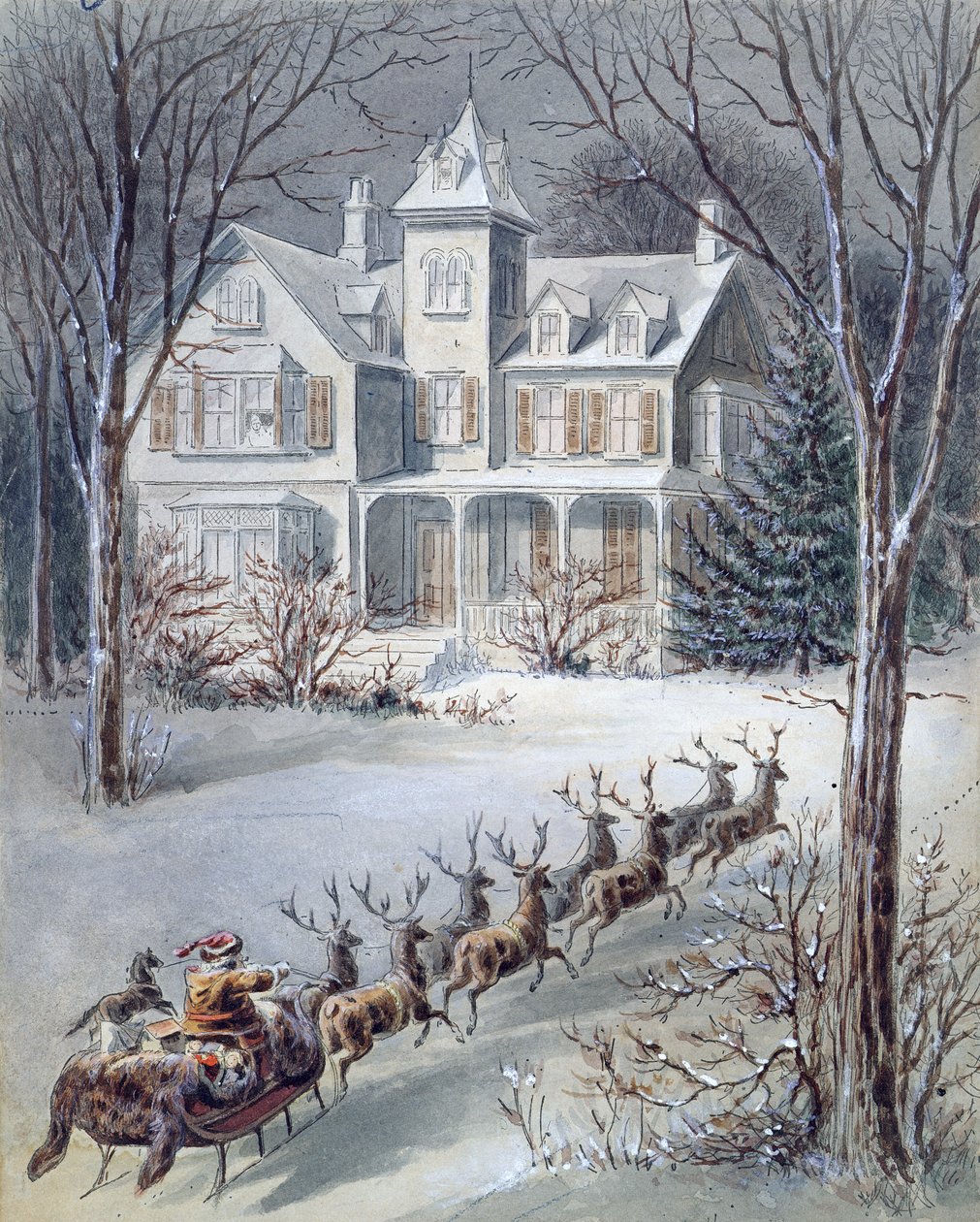 Kuvitus teoksesta Twas the Night Before Christmas kirjoittanut professori Clement Clarke Moore (1779-1863) tekijältä American School