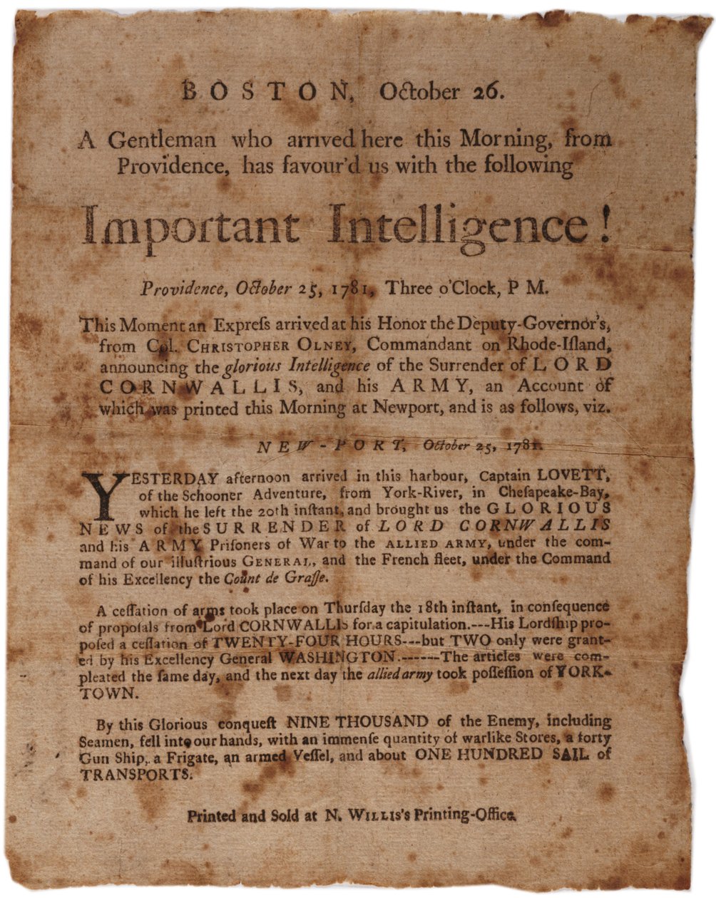 Tärkeää älykkyyttä! (ilmoittaa Cornwallisin antautumisesta Yorktownissa), M. Willis, Boston, 26. lokakuuta 1781 painanut pieni kylki tekijältä American School