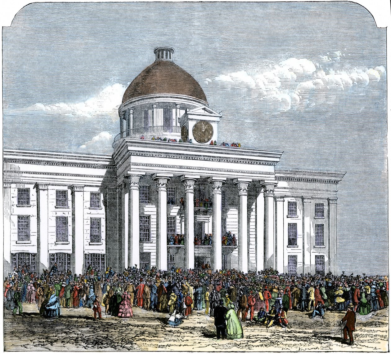 Presidentti Jefferson Davisin virkaanastujaiset Amerikan konfederaation osavaltion presidentiksi, Montgomeryn kaupungintalo, Alabama tekijältä American School
