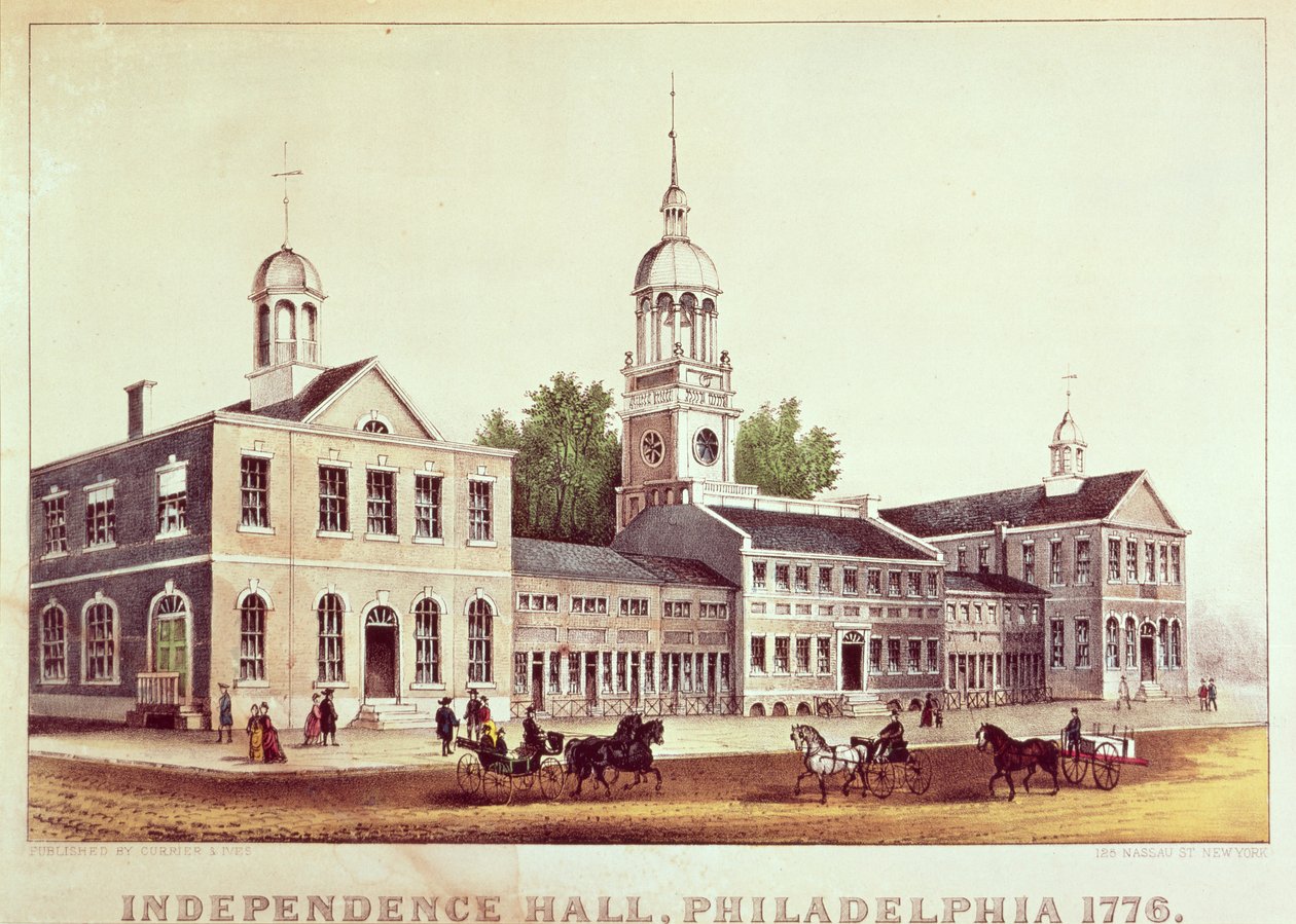 Independence Hall, Philadelphia, 1776, julkaisijat Nathaniel Currier (1813-88) ja James Merritt Ives (1824-95) tekijältä American School