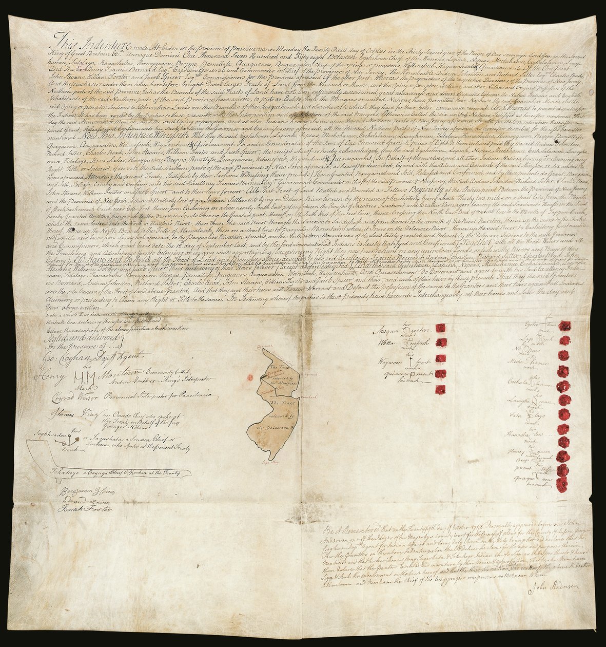 Intiaanisopimus, Eastonin konferenssi, Pennsylvania, 23. lokakuuta 1758 (tussi ja tussi, vaha pergamentilla). tekijältä American School