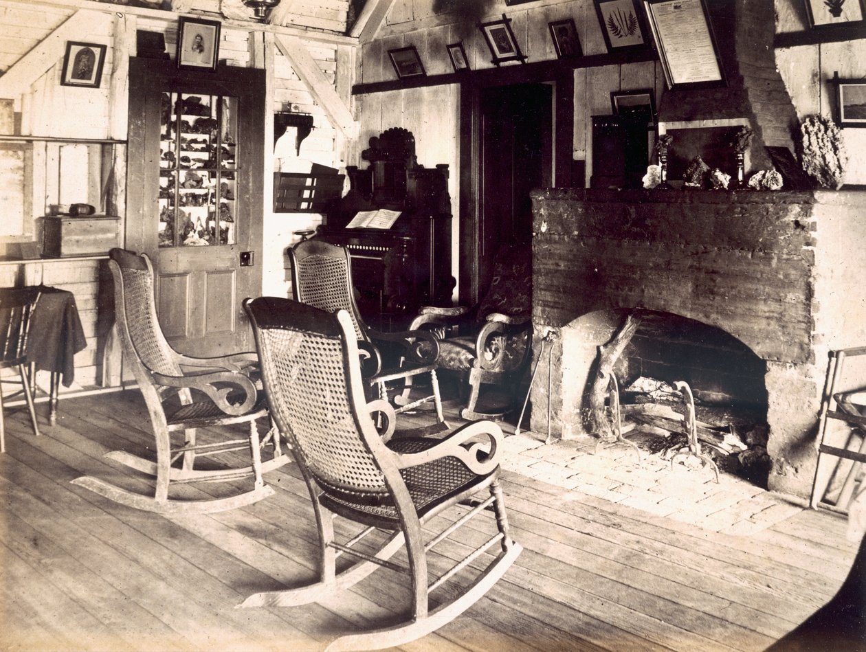 Amerikkalaisen puisen hökkelin sisäpuoli, noin 1880-luku tekijältä American School