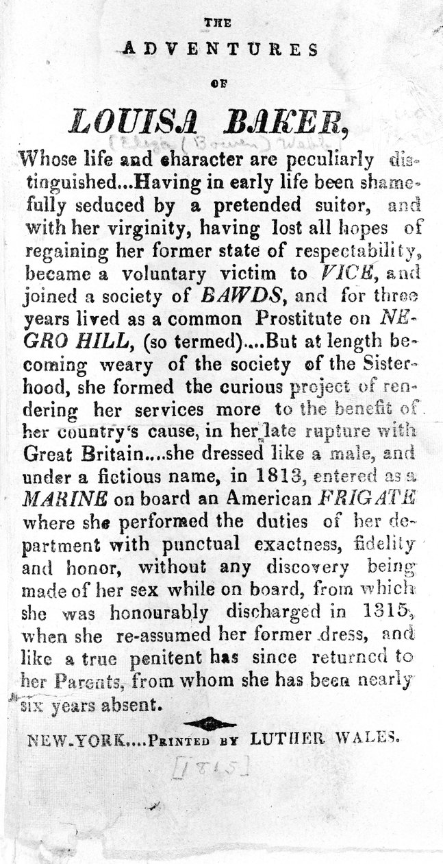 Louisa Bakerin seikkailujen johdantosivu, painettu Luther Wales, New York, 1815 tekijältä American School