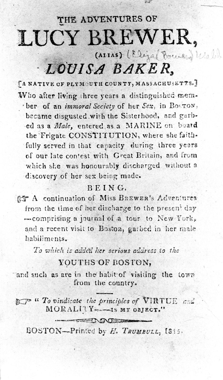 Lucy Brewerin seikkailujen johdantosivu, H. Trumbull, Boston, 1815 tekijältä American School