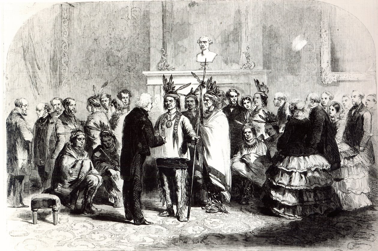 James Buchanan, Yhdysvaltain presidentti, houkutteli vihamielisiä pawnees- ja ponca-heimoja kättelemään, 1858 tekijältä American School