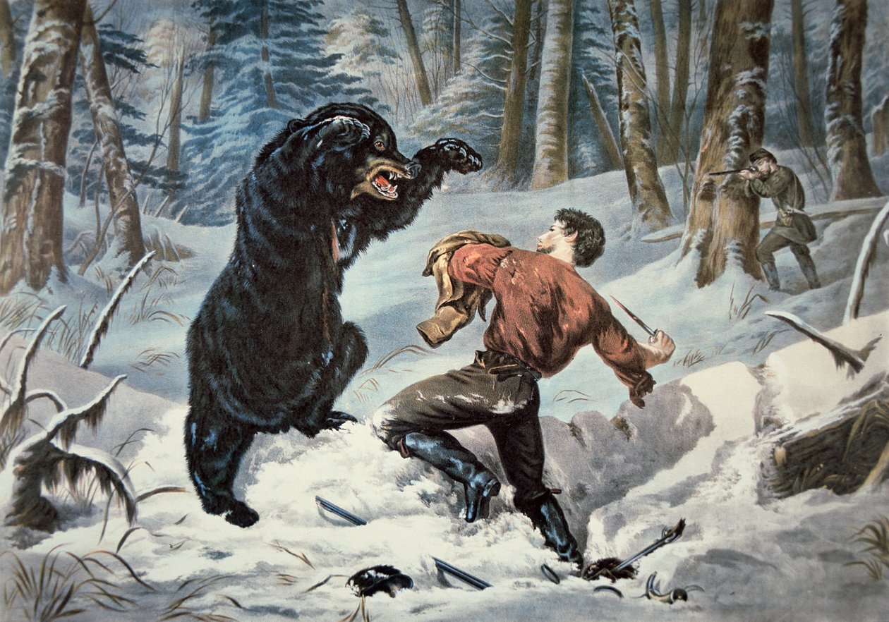Grizzly-karhu hyökkäsi Jedediah Smithiin (1799-1831), n. 1861 (väri litho) tekijältä American School