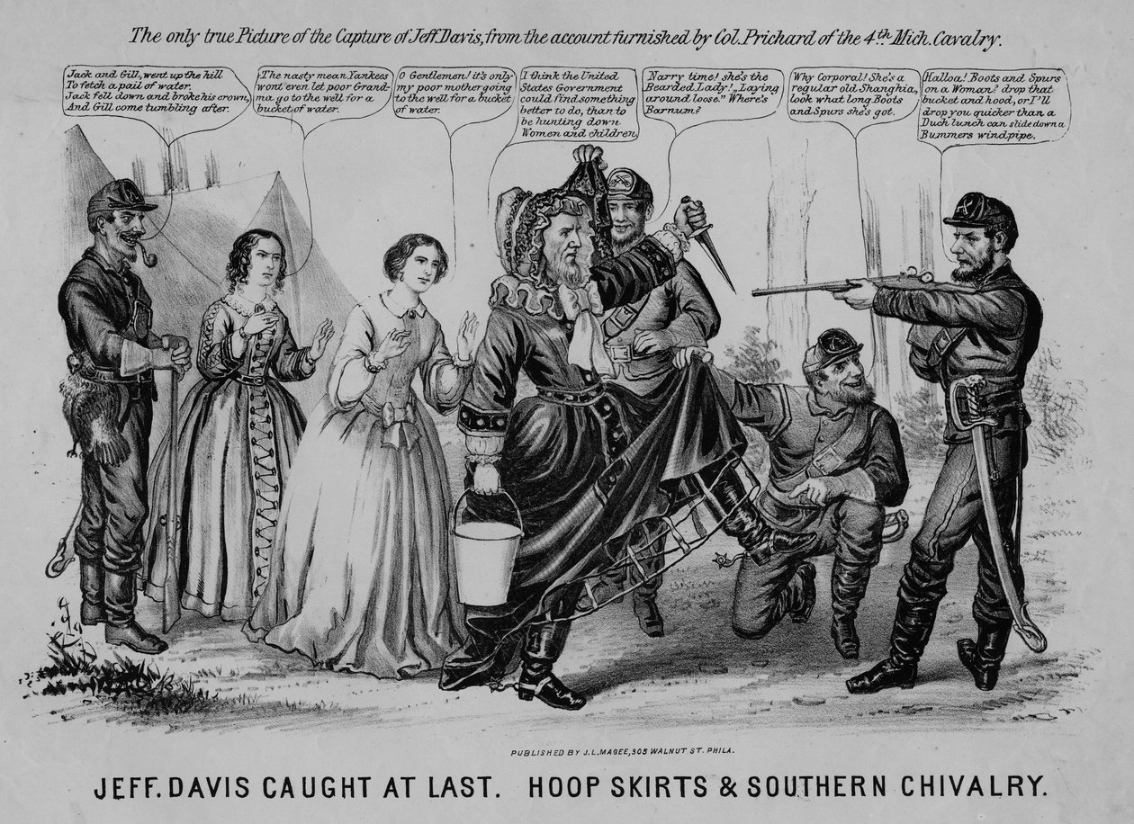 Jeff Davis viimein kiinni: vannehameet & Southern Chivalry, julkaisija J.L. Magee, Philadelphia, n. 1865 tekijältä American School
