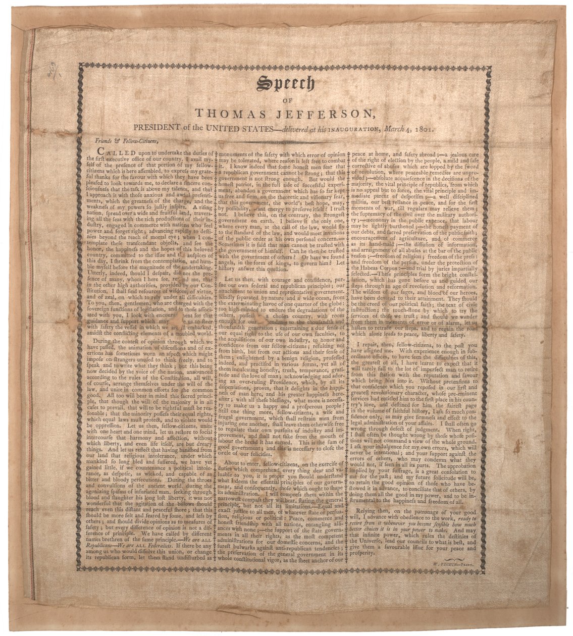 Jeffersonin ensimmäinen avajaispuhe, painanut Pechin, Baltimore, 4. maaliskuuta 1801 (litho silkillä) tekijältä American School