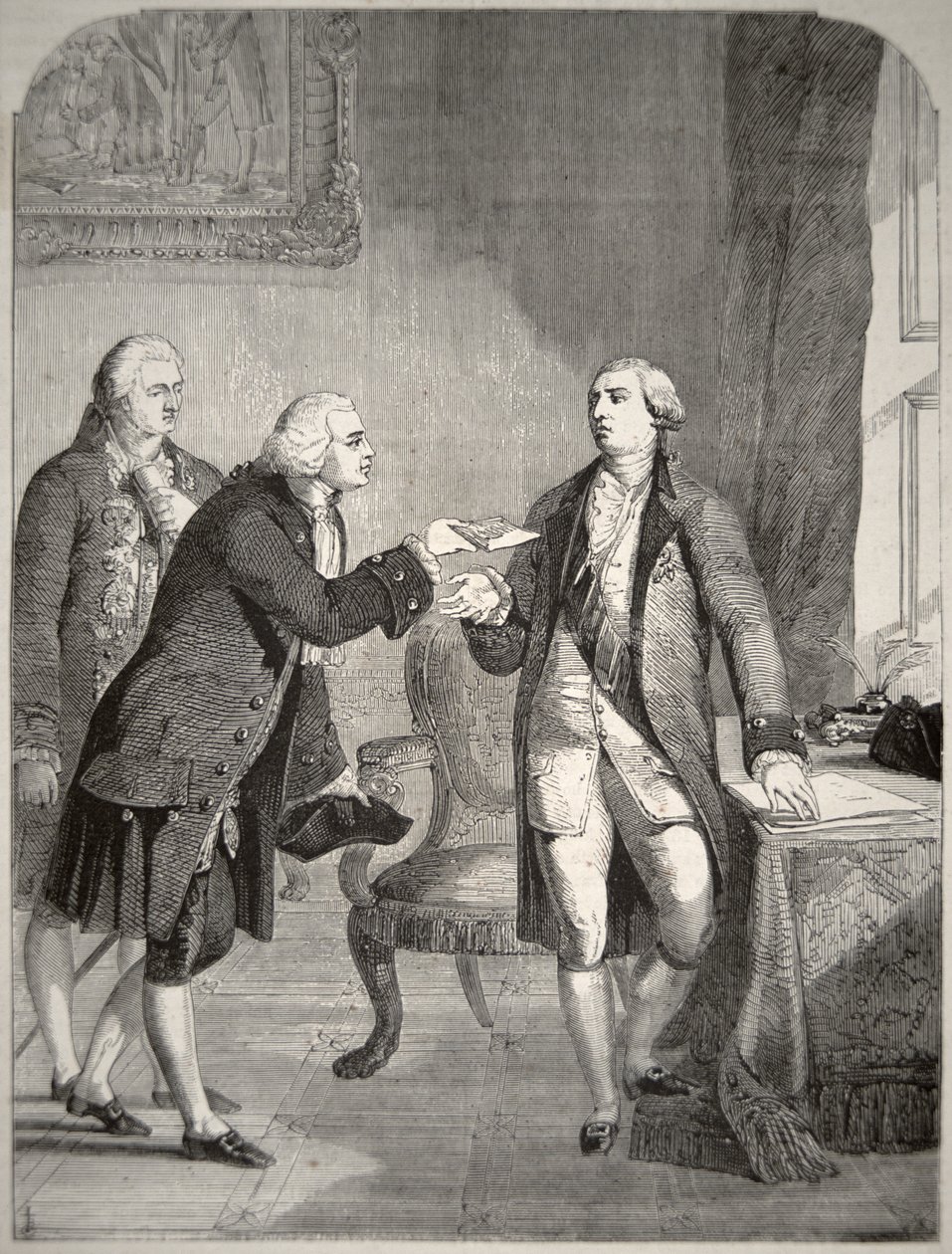 John Adams (1735-1826) ensimmäisenä Yhdysvaltain suurlähettiläänä Englannin hovissa, luovuttamassa valtakirjansa kuningas George III:lle (1738-1820) (litografia) tekijältä American School