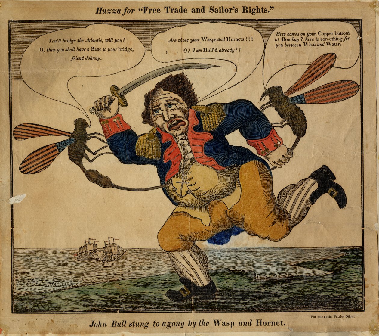 John Bull pisti tuskaan ampiaisen ja hornetin toimesta, 1813 (käsinvärinen kohokuvio) tekijältä American School