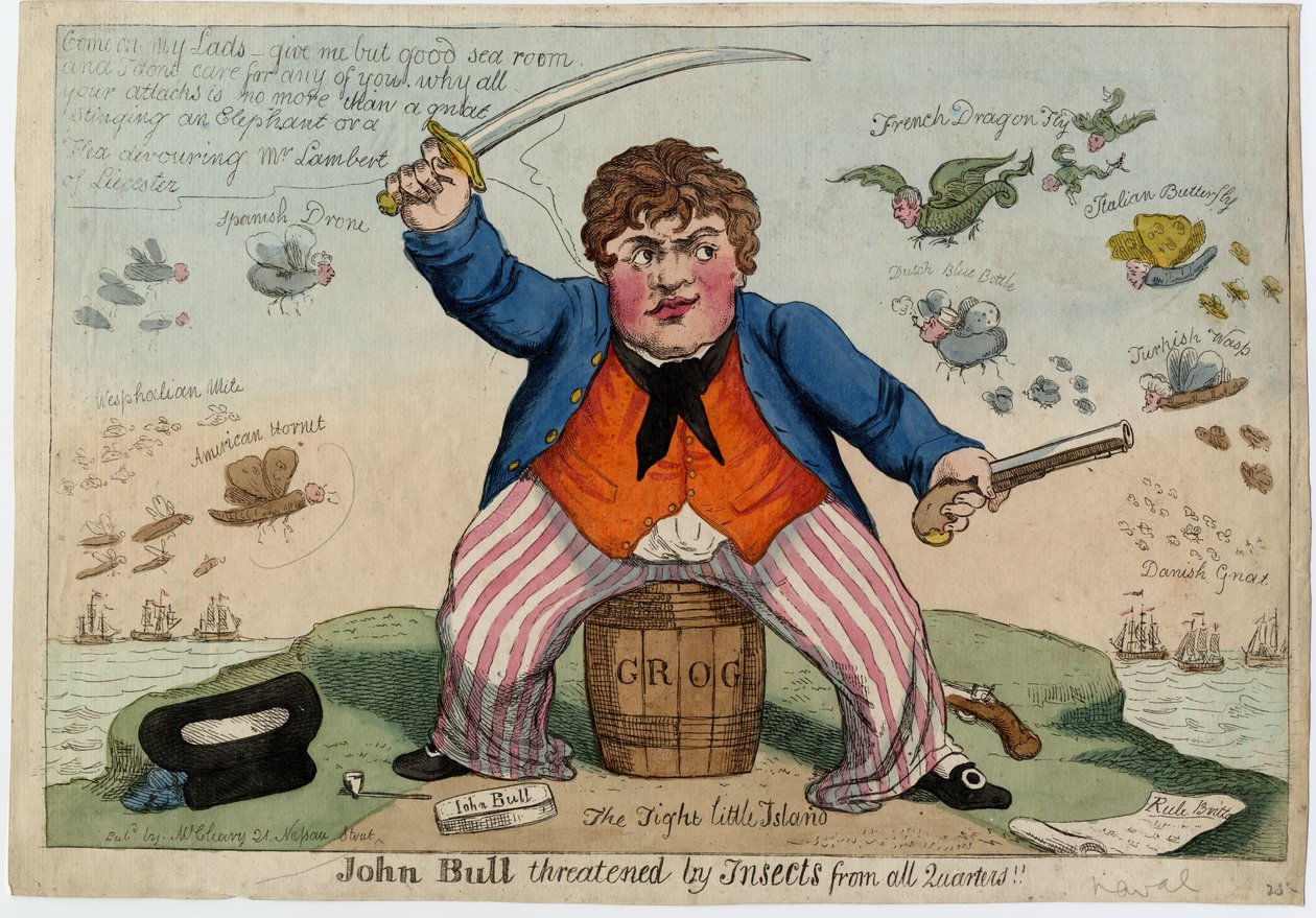 John Bullia uhkaavat hyönteiset joka puolelta, n. 1813 (käsinvärinen etsaus) tekijältä American School