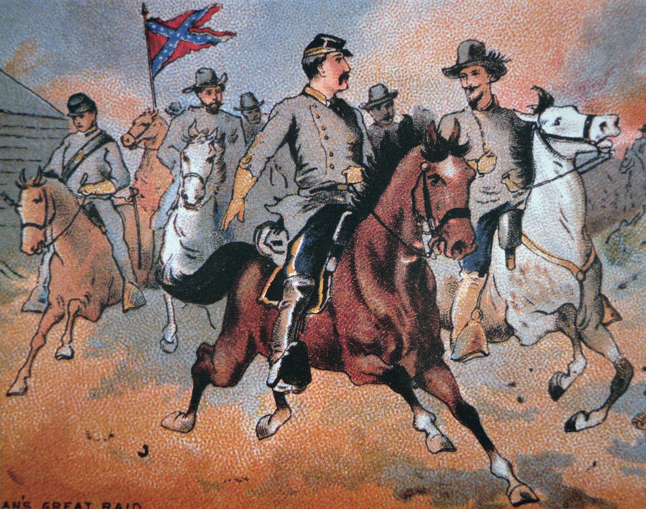 John Hunt Morgan (1825-64) ja hänen ratsastuksensa Kentuckyn läpi (värilitho) tekijältä American School