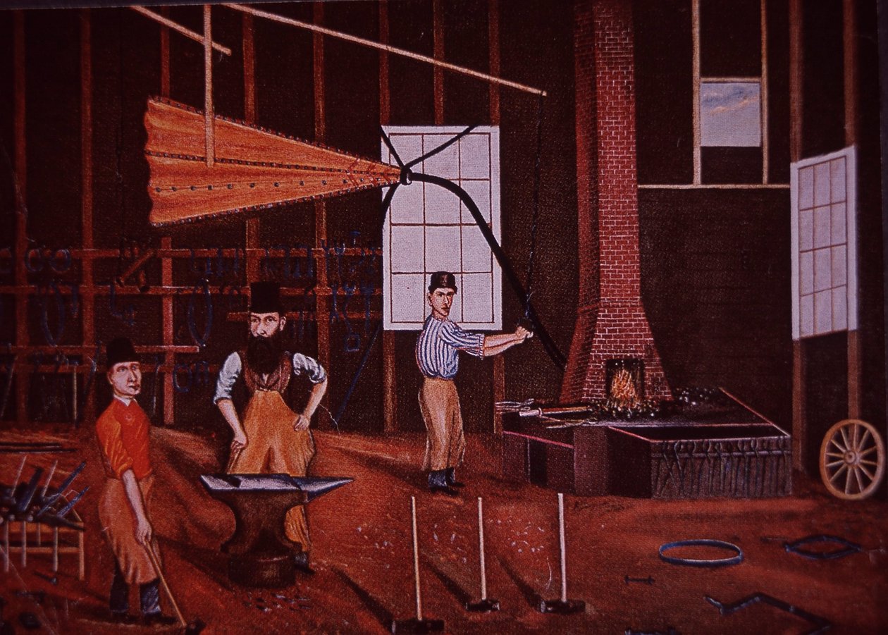 John Mohler Studebaker (keskellä), saksalais-amerikkalainen vaunujen valmistaja työpajassa, n. 1858 (väri litho) tekijältä American School