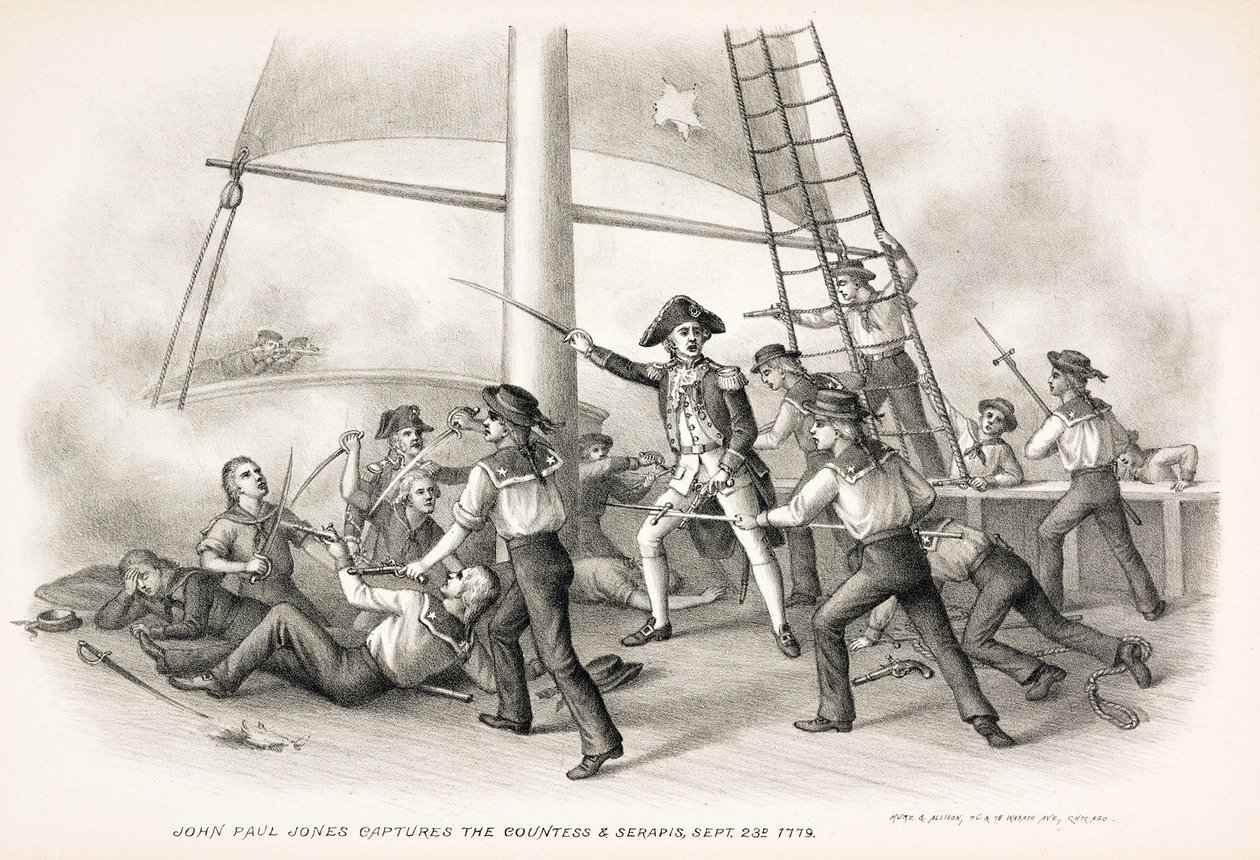 John Paul Jones vangitsee kreivitär ja Serapis, 23. syyskuuta 1779, pub.1885 tekijältä American School