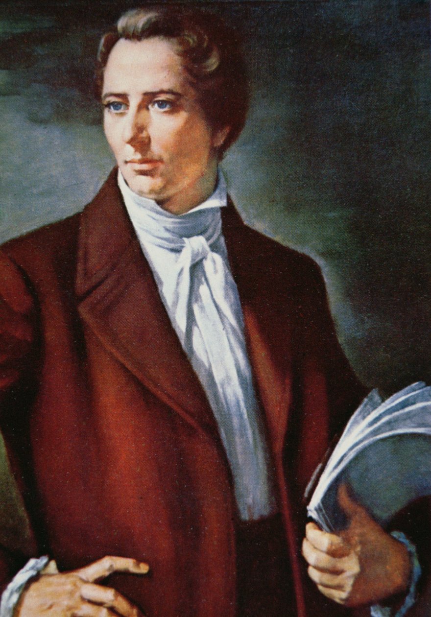 Joseph Smith (1805-44), profeetta mormoniuskonnon perustaja Yhdysvalloissa (väri litho) tekijältä American School