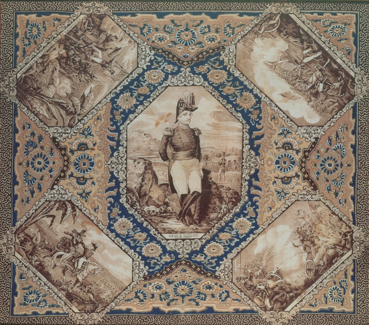 Liina, jossa Zachary Taylorin muotokuva ja Meksikon sodan taistelut (1846-1848), 1848 (puuvillaa) tekijältä American School