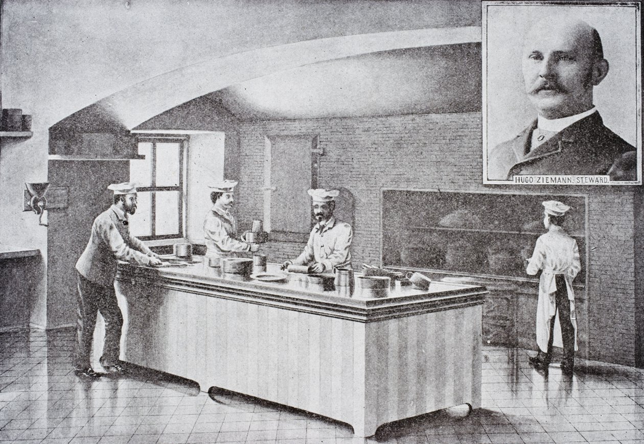Valkoisen talon keittiö 1890-luvulla, upotettu muotokuva Hugo Ziemannista tekijältä American School