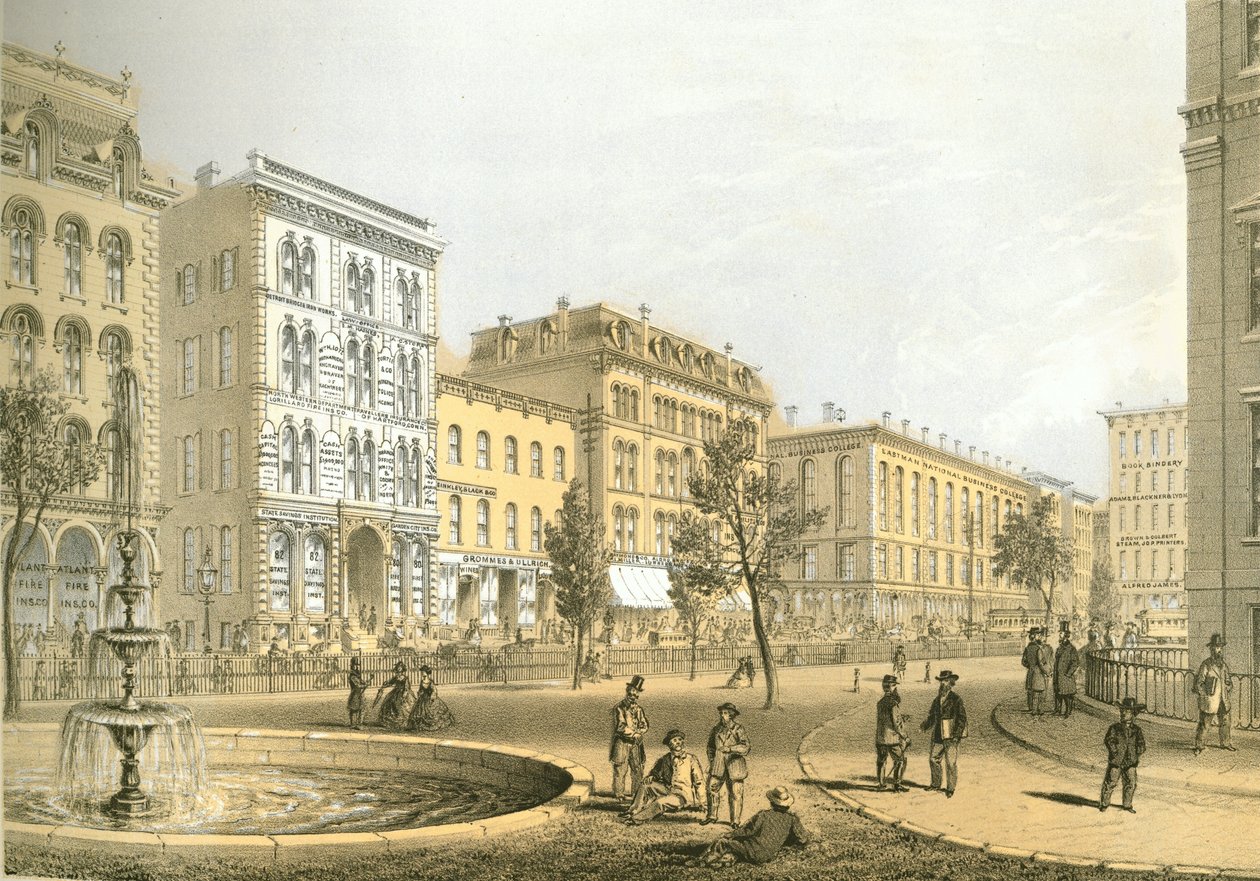 LaSalle Street Courthouse Squarelta, Chicago Illustrated, James W. Sheahanin kirjalliset kuvaukset, julkaisija Jevne & Almini, Chicago, 1866-67 tekijältä American School