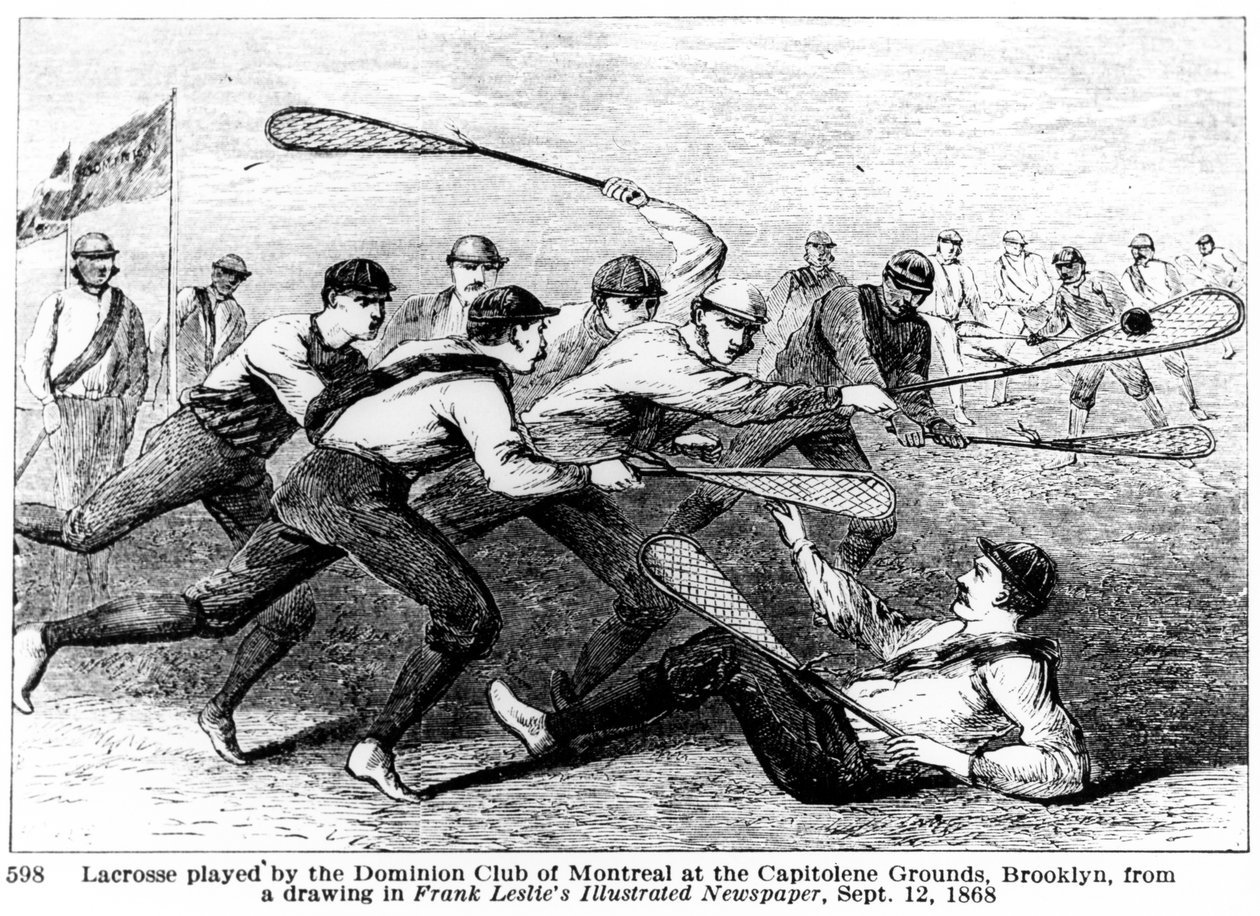 Lacrossea soittaa Dominion Club of Montreal Capitoline Groundsissa Brooklynissa piirustuksen perusteella Frank Leslien kuvitetussa sanomalehdessä tekijältä American School