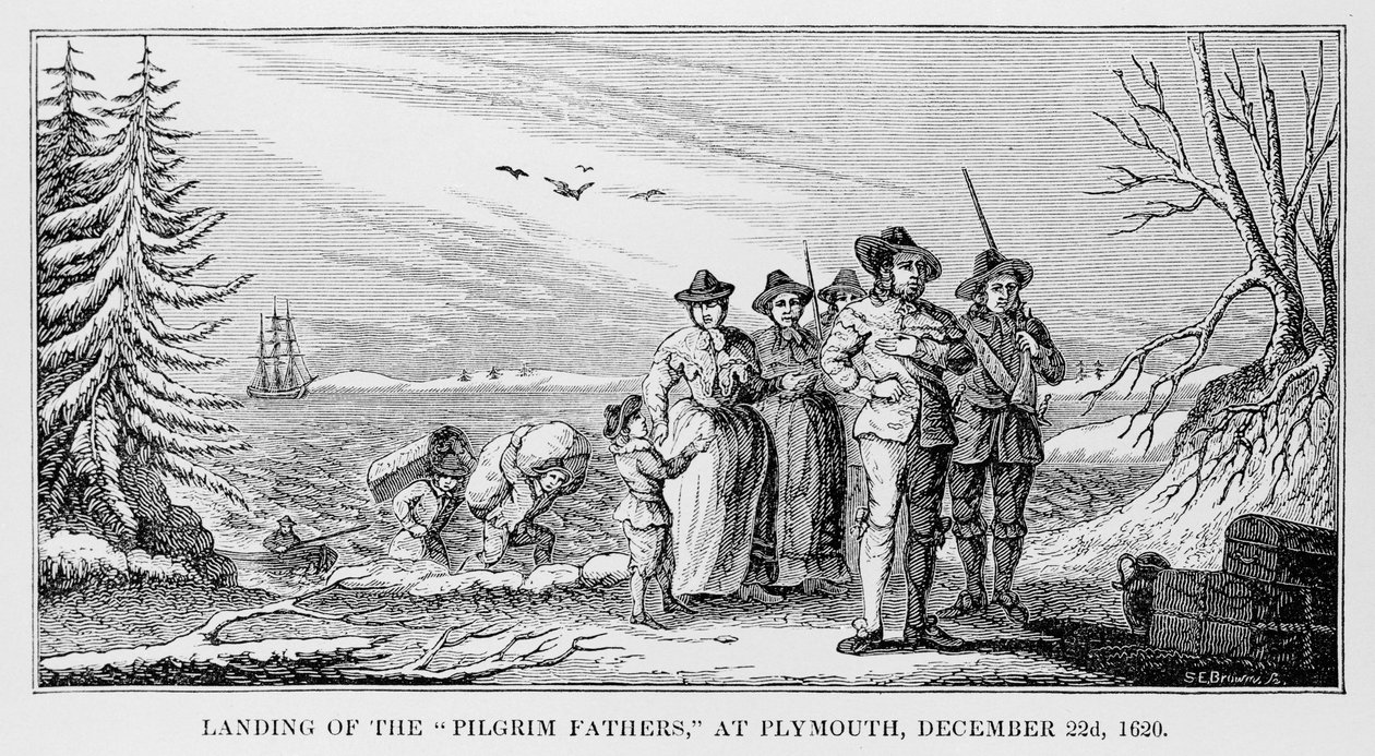 Pyhiinvaeltajien maihinnousu Plymouthissa Cape Codissa, Massachusettsissa, 22. joulukuuta 1620, painettu lehdessä History and Antiquity of New England, New York... 1842 tekijältä American School