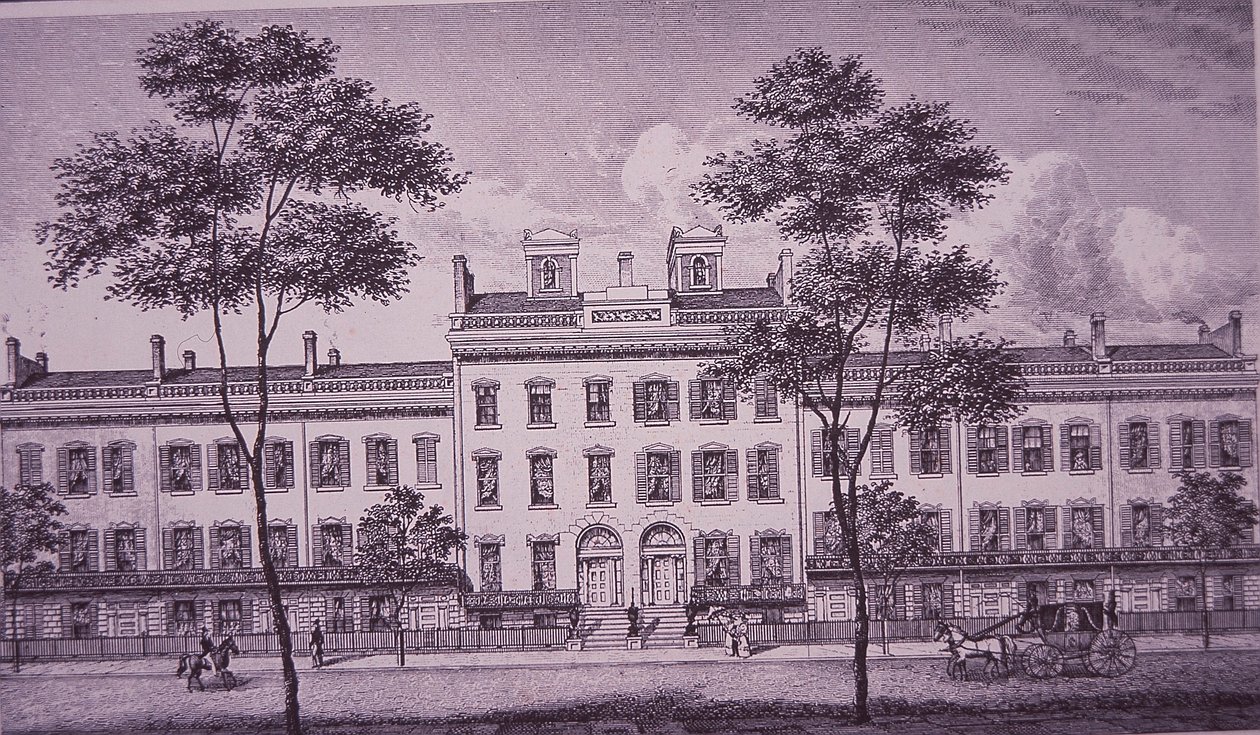 LeRoy Place vuonna 1831, osa nykyistä Bleecker Streetiä Greenwich Villagessa (kaiverrus) tekijältä American School