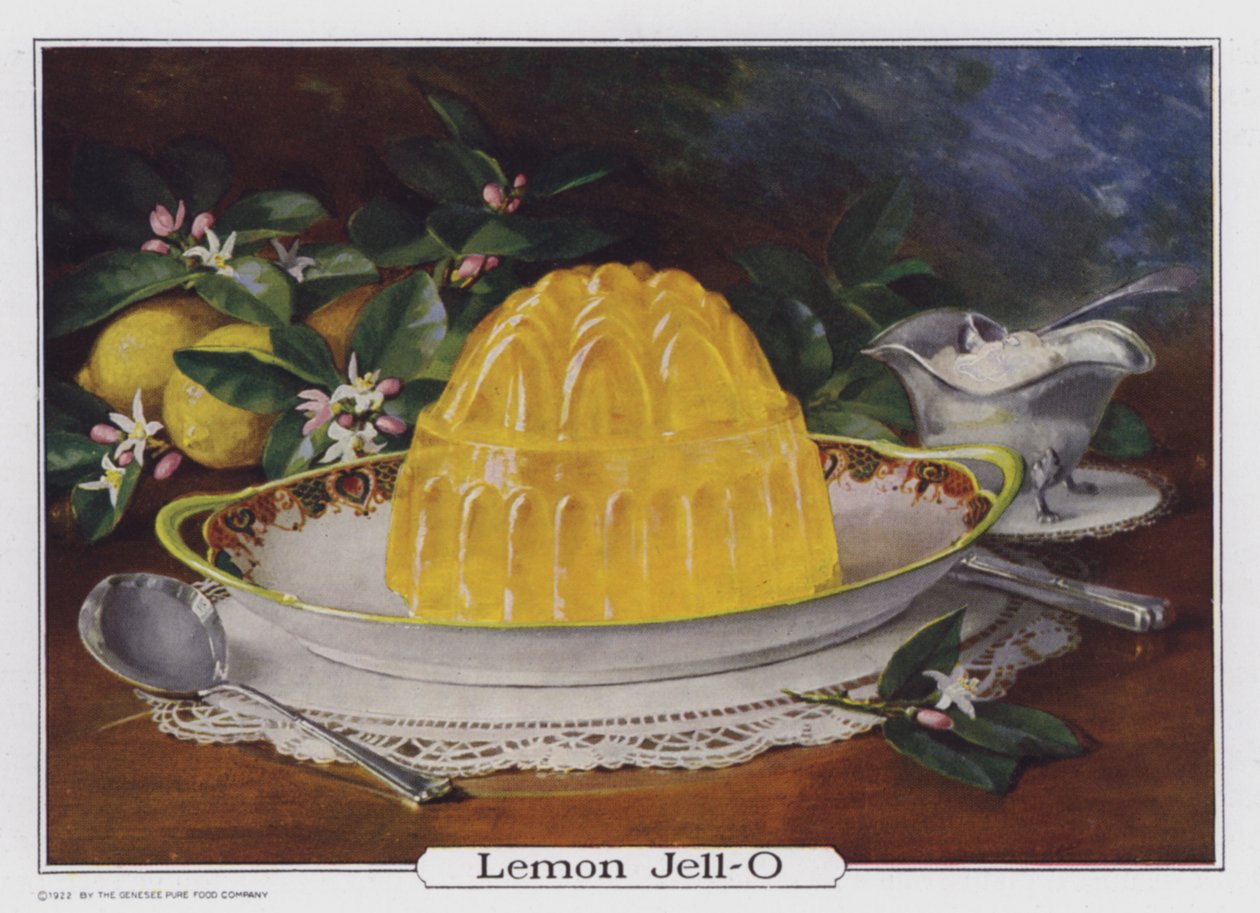 Lemon Jell-O, Genesee Pure Food Company, Le Roy, New York, Yhdysvallat, mainos (värilitografia). tekijältä American School